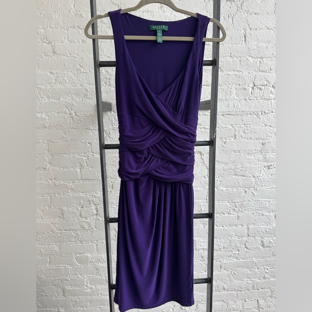 New, Lauren Ralph Lauren Wrap Illusion Purple Sleeveless Dress, Size 2